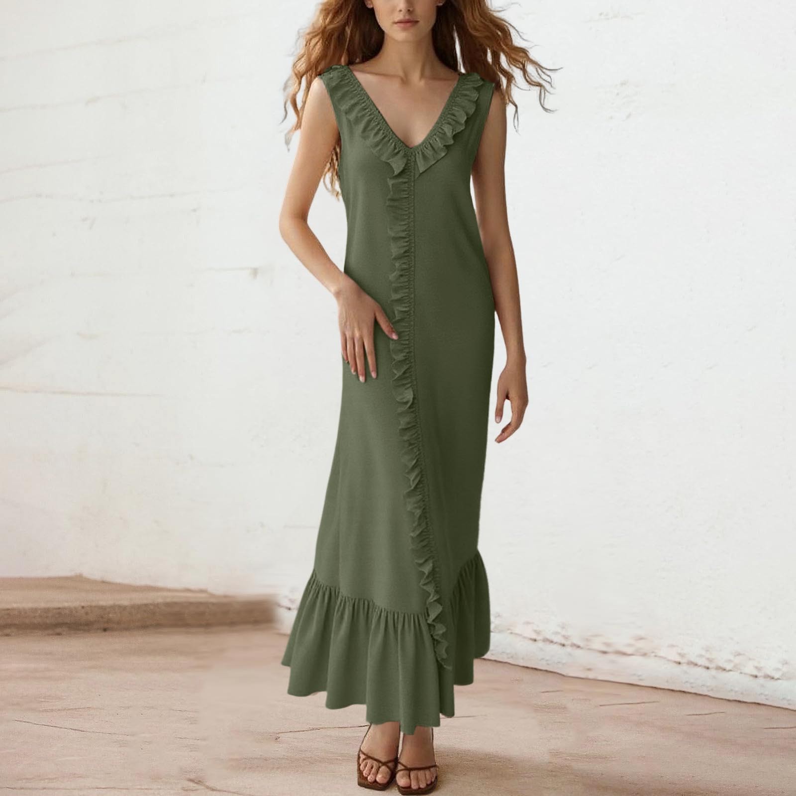 thumbnail image 2 of Vestido largo con cuello en V para mujer - Botones en la parte delantera, volantes - Sin mangas, corte A - Playa/fiesta - Tallas S-XXL, 2 of 4